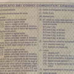Significato dei codici comunitari armonizzati: legenda carta di circolazione con dati veicolo, proprietario e motore.