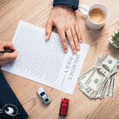 Firma un contratto di assicurazione senza franchigia: cosa significa? Pagamento in contanti, auto e caffè sul tavolo.