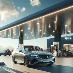 Auto moderna in attesa di rifornimento benzina GPL. Stazione di servizio moderna con illuminazione soffusa.