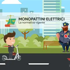 Un uomo in monopattino elettrico incontra un poliziotto. La grafica illustra le regole monopattino elettrico e la normativa vigente.