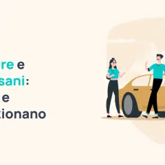Coppia vicino a un'auto gialla, con testo che spiega RC Familiare e la legge Bersani, ancora in vigore, e come funziona.