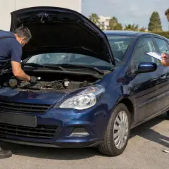 Meccanico controlla il motore di un'auto blu con cofano aperto. Cliente annota su un blocco note, forse per i gravami auto.