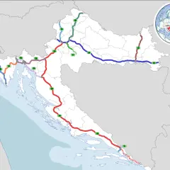 Mappa delle autostrade croate con indicazioni per il pedaggio. Le autostrade sono colorate diversamente per indicare le diverse direzioni.