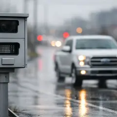 Autovelox sul limite autostrada pioggia. Un'auto bianca procede su strada bagnata, con luci sfocate sullo sfondo.