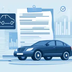 Un'auto blu davanti a un documento con grafici e un'icona di un'auto. Qui trovo l'attestato di rischio.