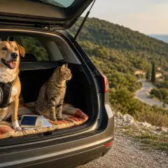 Cane e gatto in auto, pronti per il viaggio. Per andare in Croazia serve la vignetta slovena, ma loro sono già in vacanza!