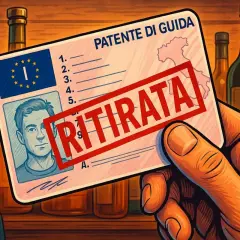 Patente di guida con timbro rosso "RITIRATA" per guida in stato di ebbrezza. Sullo sfondo bottiglie di alcolici e una persona disperata.