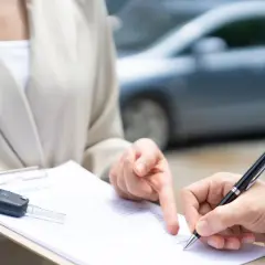 Firma su contratto auto, con chiavi e foglio complementare smarrito.