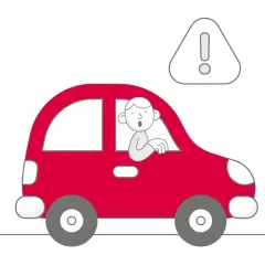 Uomo sorpreso alla guida di un'auto rossa con un punto esclamativo. Se l'assicurazione non paga devo pagare io.