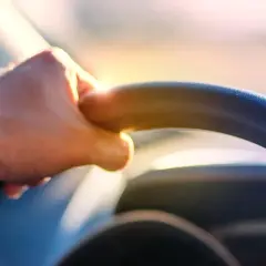 Mano sul volante, luce dorata. Per una visura targa immediata, basta un click.