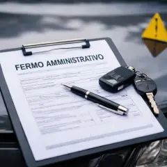 Documento "Fermo Amministrativo Auto" su un'auto, con chiavi e penna. Un segnale di pericolo giallo sullo sfondo.