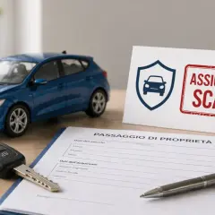 Chiavi, auto blu e modulo per il passaggio di proprietà. L'assicurazione è scaduta, ma il passaggio assicurazione senza vendita è possibile.