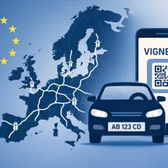 Un'auto, una mappa dell'Europa con autostrade e un telefono con QR code per la vignetta autostradale.