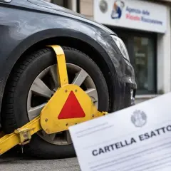 Auto bloccata con ganascia e cartella esattoriale in primo piano. Scopri i trucchi per togliere fermo amministrativo auto.