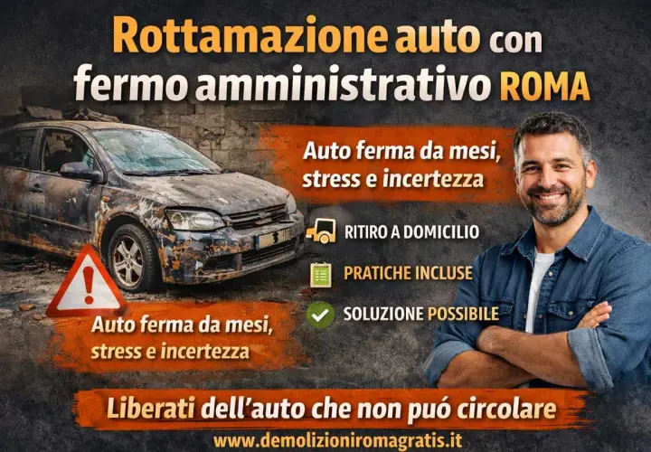 Rottamare auto con fermo amministrativo a Roma è possibile. Ritiro a domicilio e pratiche incluse per liberarti dall'auto che non può circolare.