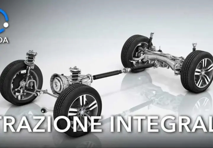 Sistema di trazione integrale 4x4 con sospensioni e alberi di trasmissione visibili.