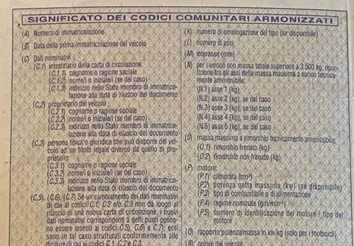 Significato dei codici comunitari armonizzati: legenda carta di circolazione con dati veicolo, proprietario e motore.