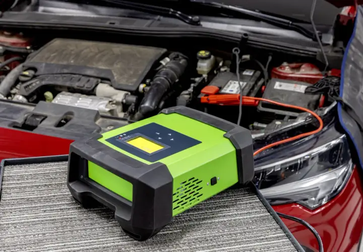 Carrozzeria rossa con cofano aperto, motore e batteria. Un caricabatterie verde è collegato per risolvere la batteria scarica.