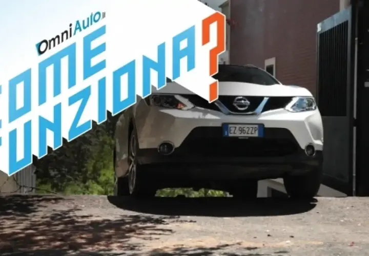 Auto bianca con scritta "Come funziona?". Spiegazione del sistema hill holder per partire in salita.