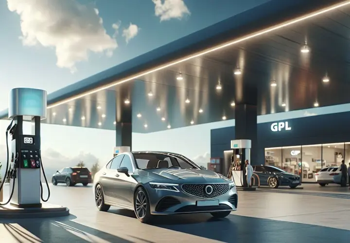 Auto moderna in attesa di rifornimento benzina GPL. Stazione di servizio moderna con illuminazione soffusa.
