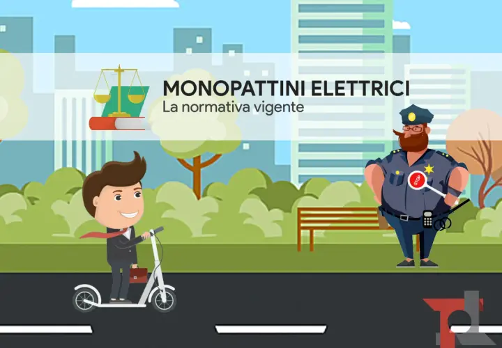 Un uomo in monopattino elettrico incontra un poliziotto. La grafica illustra le regole monopattino elettrico e la normativa vigente.