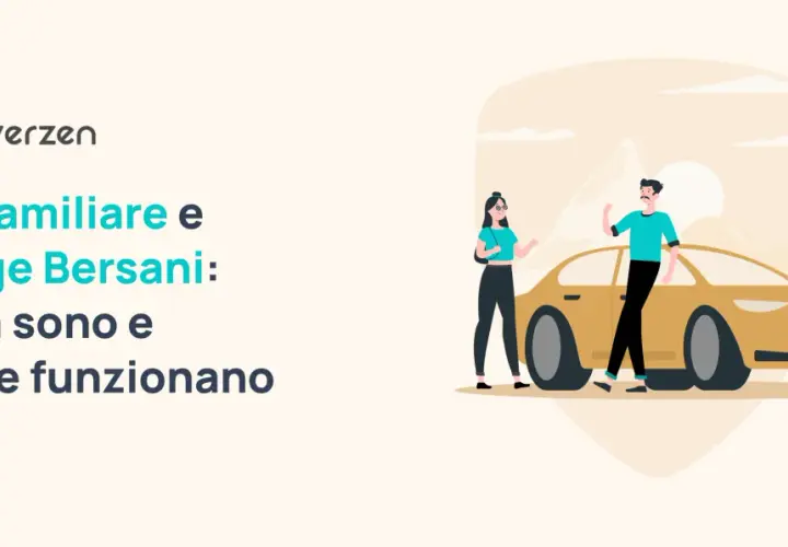 Coppia vicino a un'auto gialla, con testo che spiega RC Familiare e la legge Bersani, ancora in vigore, e come funziona.