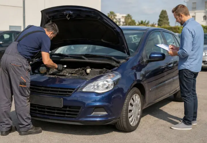 Meccanico controlla il motore di un'auto blu con cofano aperto. Cliente annota su un blocco note, forse per i gravami auto.