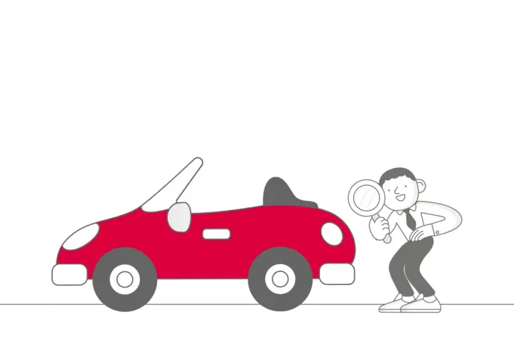 Uomo con lente d'ingrandimento esamina un'auto rossa. Con l'atto di vendita, posso fare assicurazione.