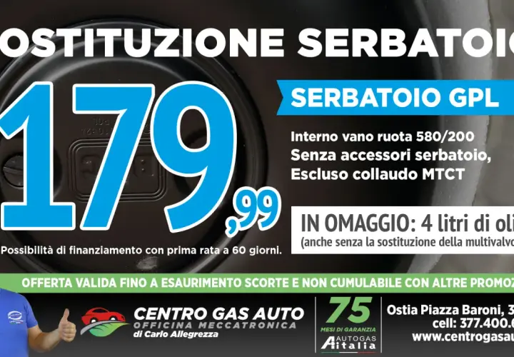 Offerta sostituzione serbatoio GPL auto a 179,99€. Non preoccuparti della scadenza bombola gpl auto, rinnova ora! In omaggio 4 litri d'olio.