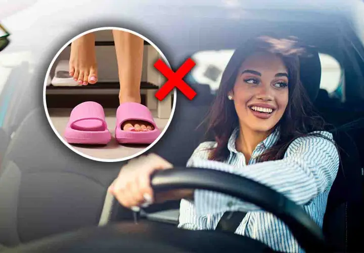 Attenzione a guidare in ciabatte! Un cerchio mostra piedi con ciabatte rosa, barrato da una croce rossa. A destra, una donna sorride al volante.