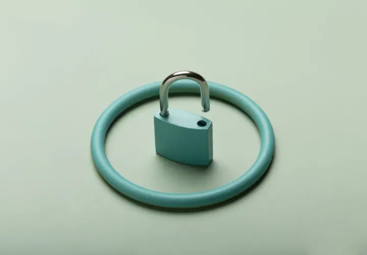 Un lucchetto aperto su un cerchio turchese, simbolo di accesso agli atti assicurazione e trasparenza.