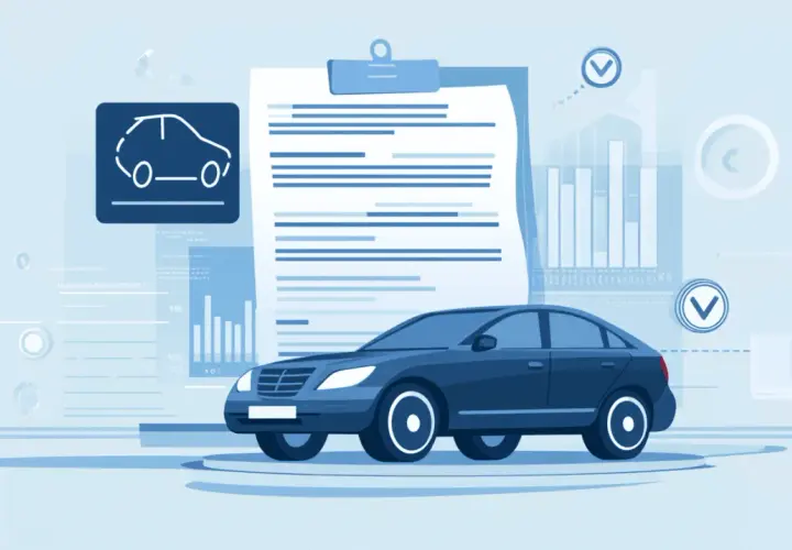 Un'auto blu davanti a un documento con grafici e un'icona di un'auto. Qui trovo l'attestato di rischio.