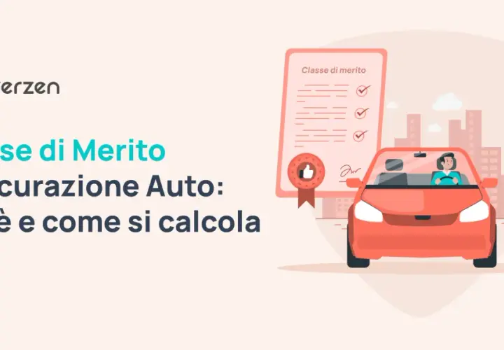 Illustrazione di un'auto rossa con un conducente, accanto a un documento "Classe di merito" che indica la classe di rischio assicurazione.
