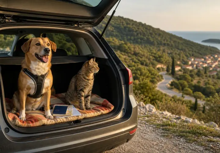 Cane e gatto in auto, pronti per il viaggio. Per andare in Croazia serve la vignetta slovena, ma loro sono già in vacanza!