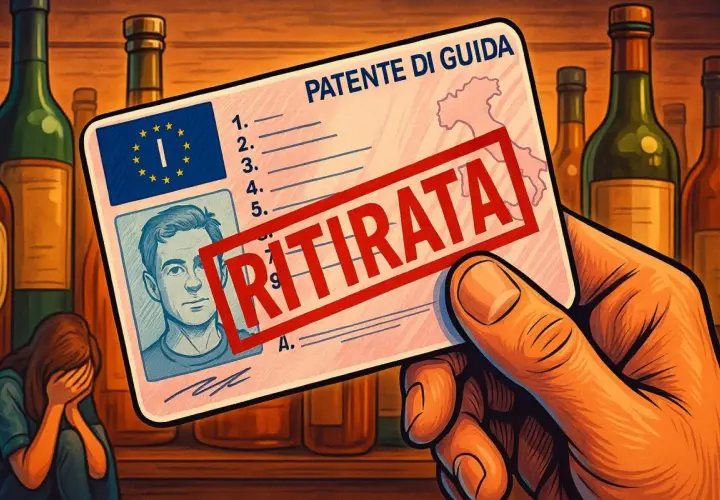 Patente di guida con timbro rosso "RITIRATA" per guida in stato di ebbrezza. Sullo sfondo bottiglie di alcolici e una persona disperata.