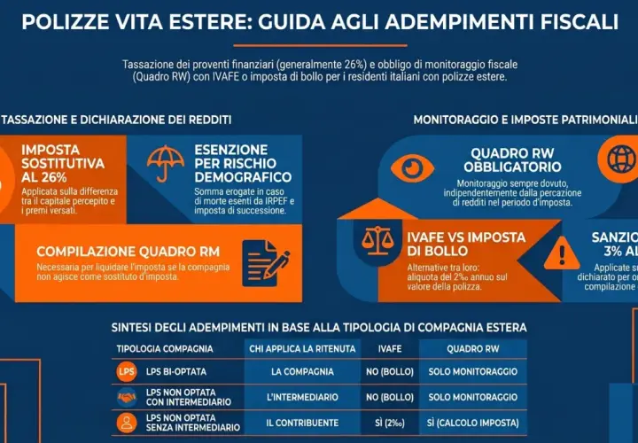 Guida fiscale per polizze vita estere: tassazione al 26%, Quadro RW obbligatorio, IVAFE vs imposta di bollo. Scopri cos'è l'IVAFE e come si applica.