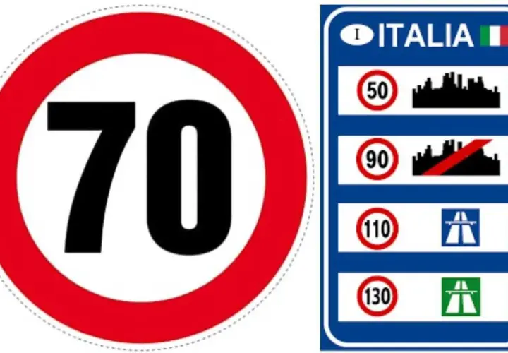 Segnali stradali italiani: limite 70, 50 in città, 90 con divieto, 110 e 130 in autostrada.