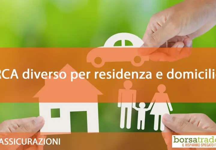 Assicurazioni: RCA diverso per residenza e domicilio, con simboli di casa, famiglia e auto.