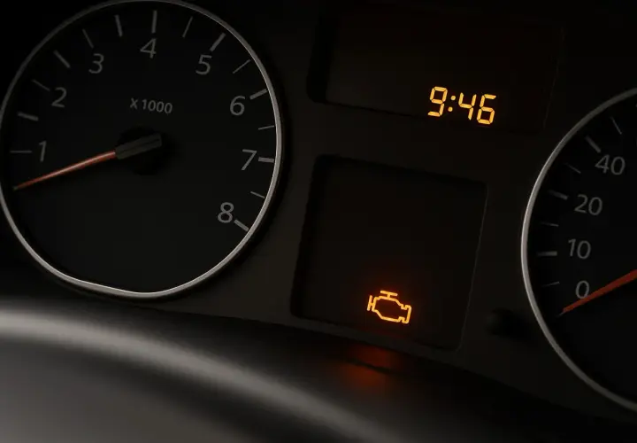 Cruscotto auto con spia motore accesa e poi spenta. L'ora è 9:46.