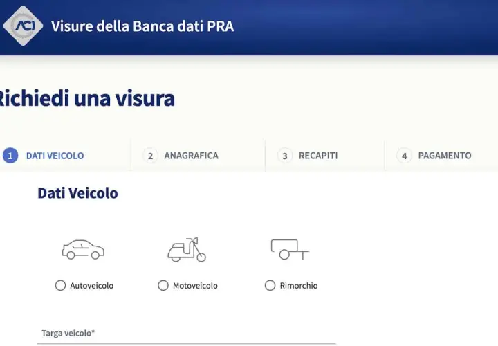 Richiesta di visura dati PRA per autoveicolo, motoveicolo o rimorchio. Il processo include dati veicolo, anagrafica, recapiti e pagamento per ottenere il certificato PRA digitale.