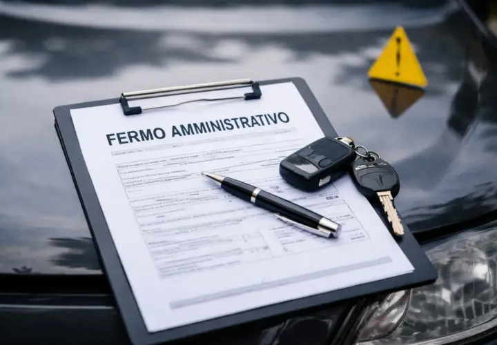 Documento "Fermo Amministrativo Auto" su un'auto, con chiavi e penna. Un segnale di pericolo giallo sullo sfondo.