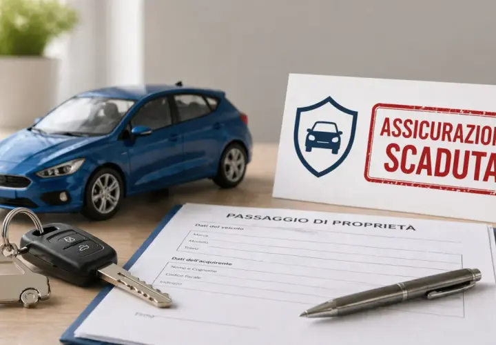 Chiavi, auto blu e modulo per il passaggio di proprietà. L'assicurazione è scaduta, ma il passaggio assicurazione senza vendita è possibile.