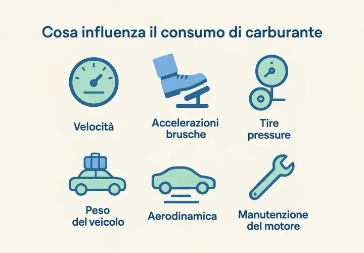 Sei fattori che influenzano il consumo di carburante: velocità, accelerazioni brusche, pressione pneumatici, peso veicolo, aerodinamica e manutenzione motore. Ottimizza questi aspetti per il risparmio carburante.