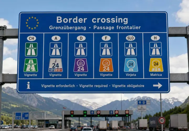 Cartello stradale indica "Border crossing" con simboli per vignetta autostradale. In Slovenia serve la vignetta, come indicato da "SLO" e "Vinjeta".