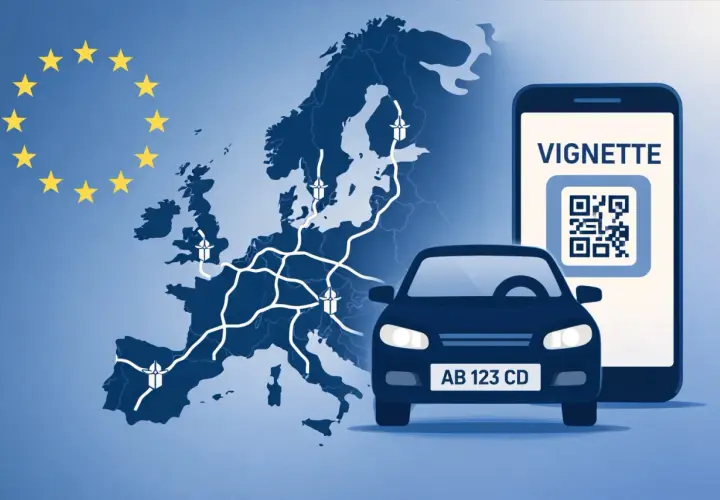 Un'auto, una mappa dell'Europa con autostrade e un telefono con QR code per la vignetta autostradale.