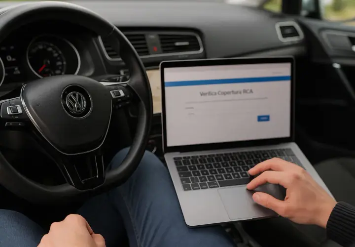Controllo RCA tramite banca dati ANIA targhe, con laptop sul volante.