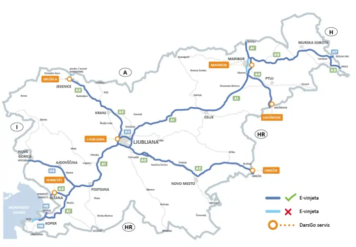 Mappa delle autostrade slovene con indicazioni per E-vinjeta e DarsGo servis.