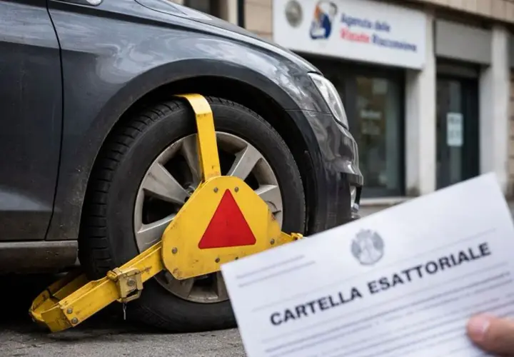 Auto bloccata con ganascia e cartella esattoriale in primo piano. Scopri i trucchi per togliere fermo amministrativo auto.