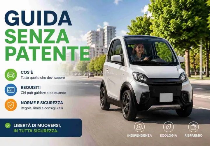 Donna sorridente guida un'auto bianca, promuovendo la libertà di movimento: guida senza patente, con requisiti e norme di sicurezza.