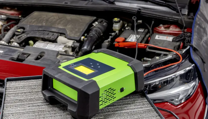 Carrozzeria rossa con cofano aperto, motore e batteria. Un caricabatterie verde è collegato per risolvere la batteria scarica.